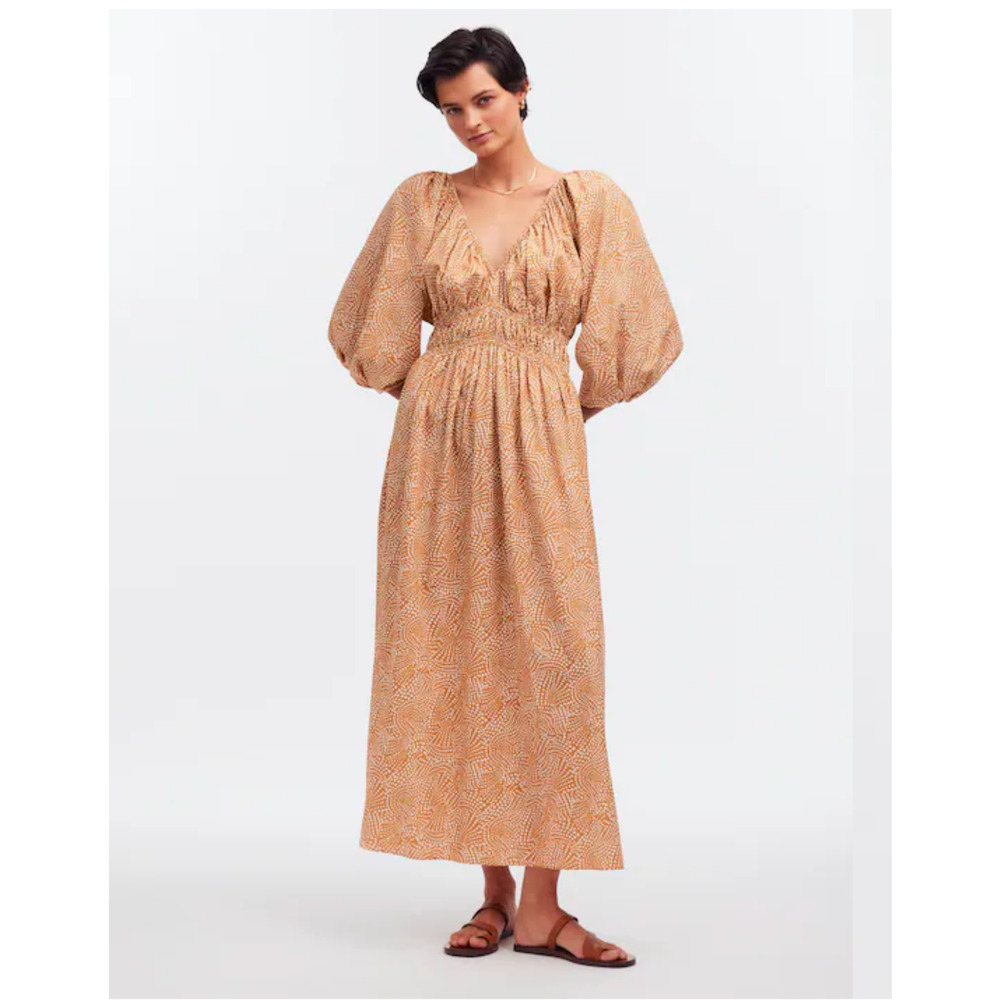 Madewell V-Neck Prairie Maxi Dress 6 Khaki Polka Dot Balloon Sleeve Renaissance